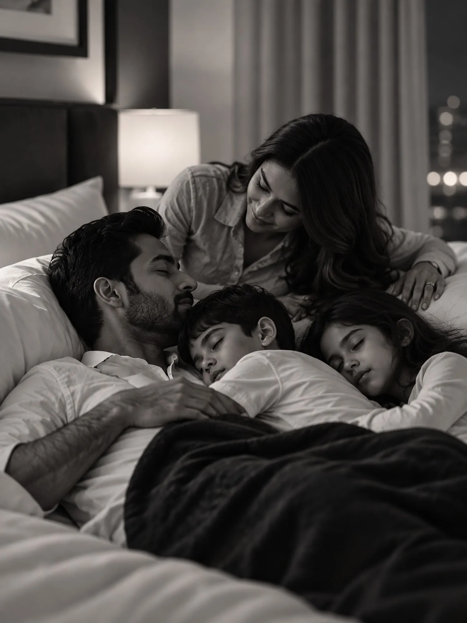 A family laughing together on a sofa at home
